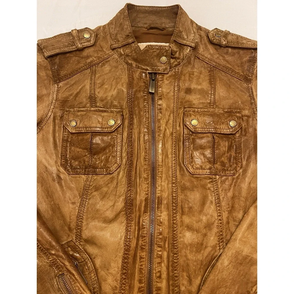 MICHAEL KORS Leather Moto Jacket Cafe Racer Zipped Sleeve Pocket Cognac Brown Lg
